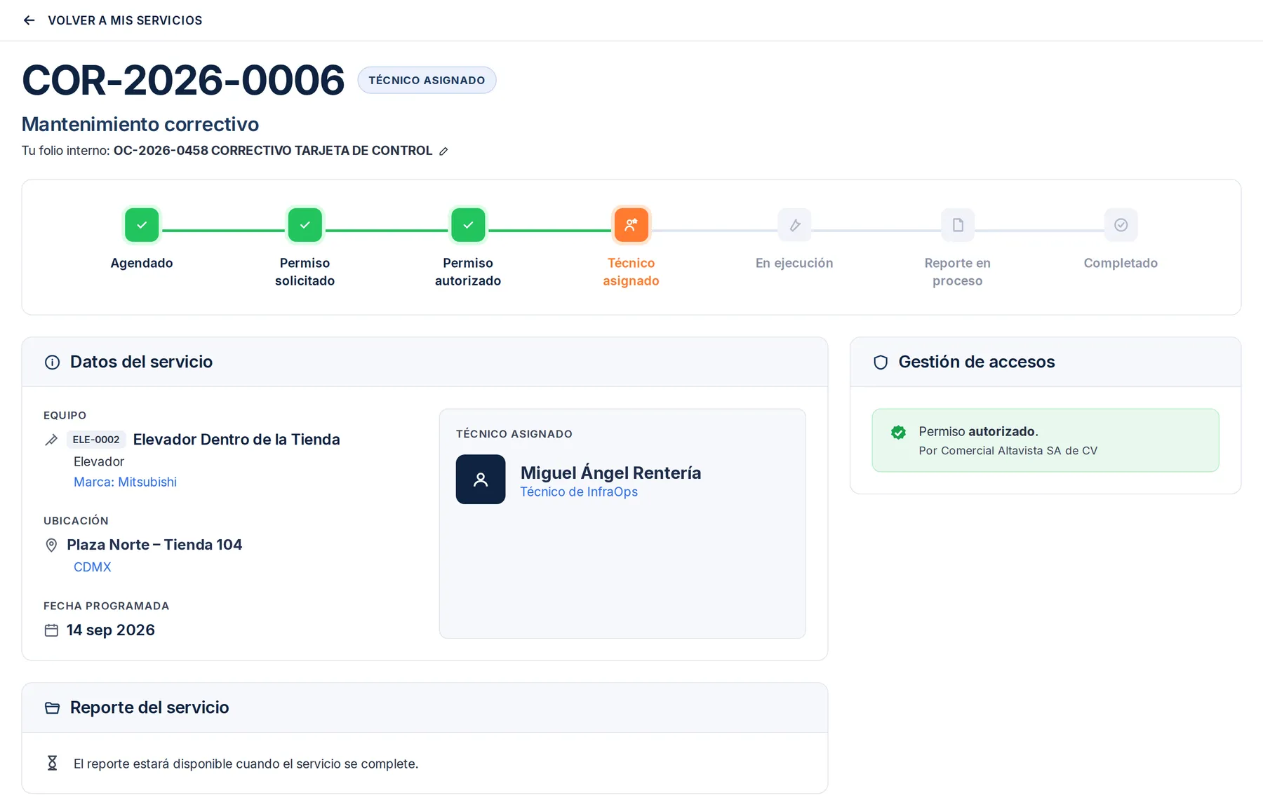 Detalle de una orden de servicio en el portal, con la fecha, el técnico asignado y el reporte publicado.